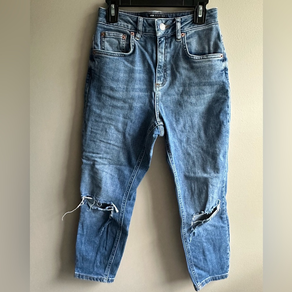 ASOS design, capri length, straight leg jeans with holes